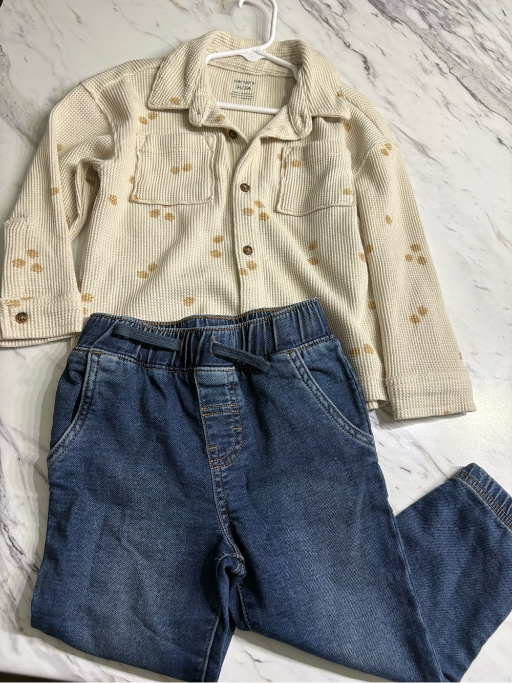 Carter's Cream Waffle Knit Top with Mustard Dot Accents & Blue Denim Joggers